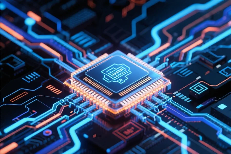 抽象风格的数据流与人工智能芯片融合，象征智能分析与高速数据处理