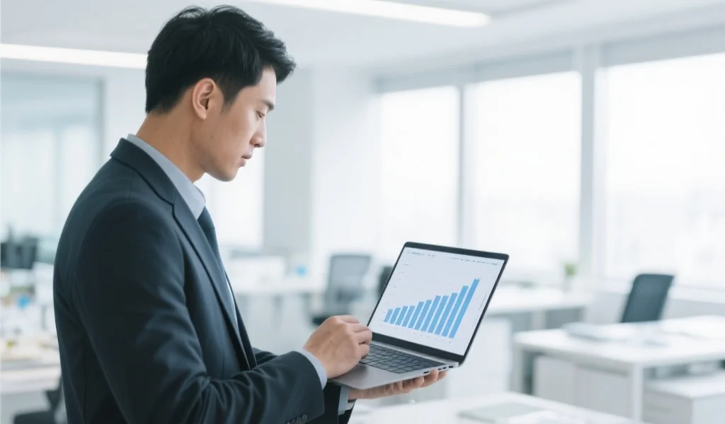一位手持笔记本电脑的分析师正在聚精会神地查看数据图表,背景为明亮的办公室