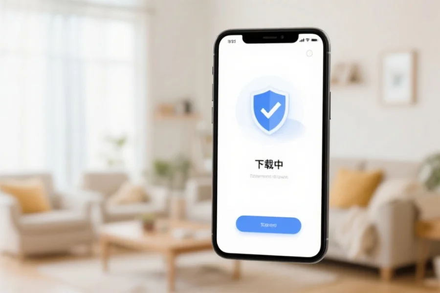 智能手机屏幕上显示“下载中”界面,旁边有安全盾牌图标,背景为明亮舒适的家庭环境